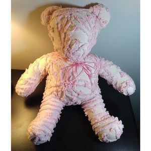 Vintage Chenille Stuffed Teddy Bear Pink Bedspread Handmade